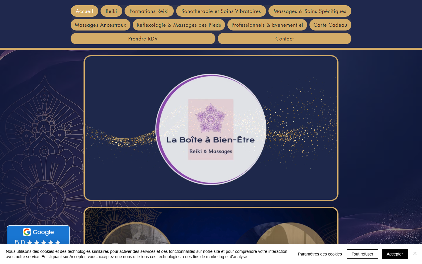 Capture du site officiel de La Boîte à Bien-Être (Reiki Usui & Karuna, Massages & Soins Bien-Être, Formations Reiki Usui & Karuna)